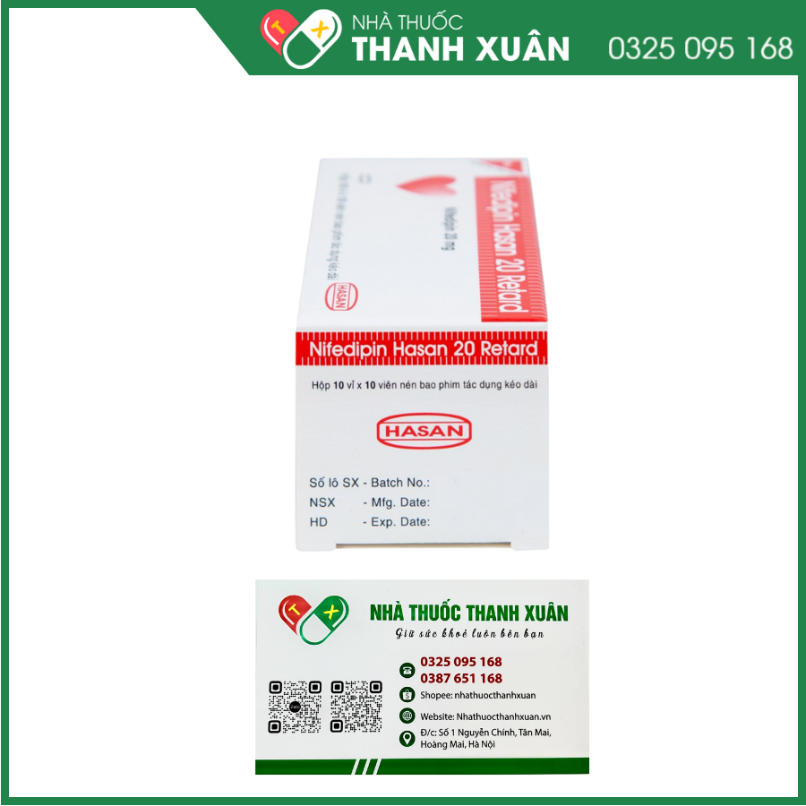 Nifedipin Hasan 20 Retard trị tăng huyết áp, đau thắt ngực